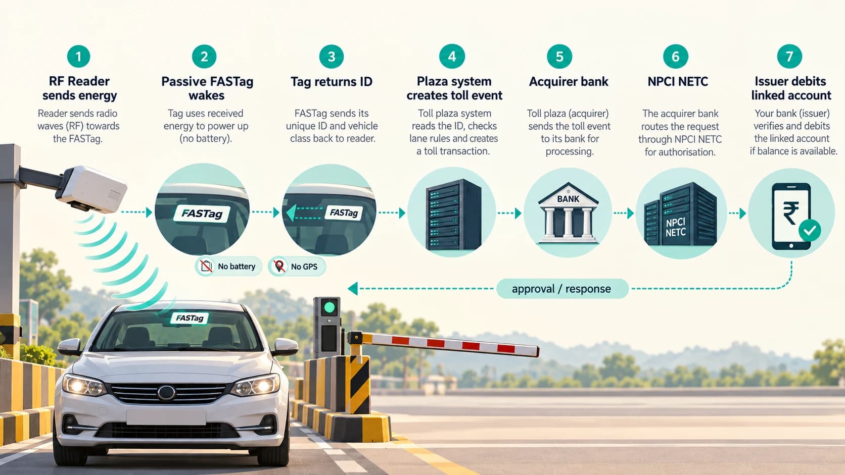 FASTag process showing RFID reader energy, passive tag backscatter, toll calculation, NETC routing and account debit