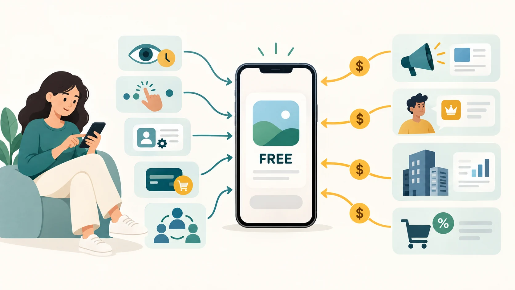 Free mobile app receiving value from user attention, activity, purchases and participation while earning revenue from advertisers and paying customers