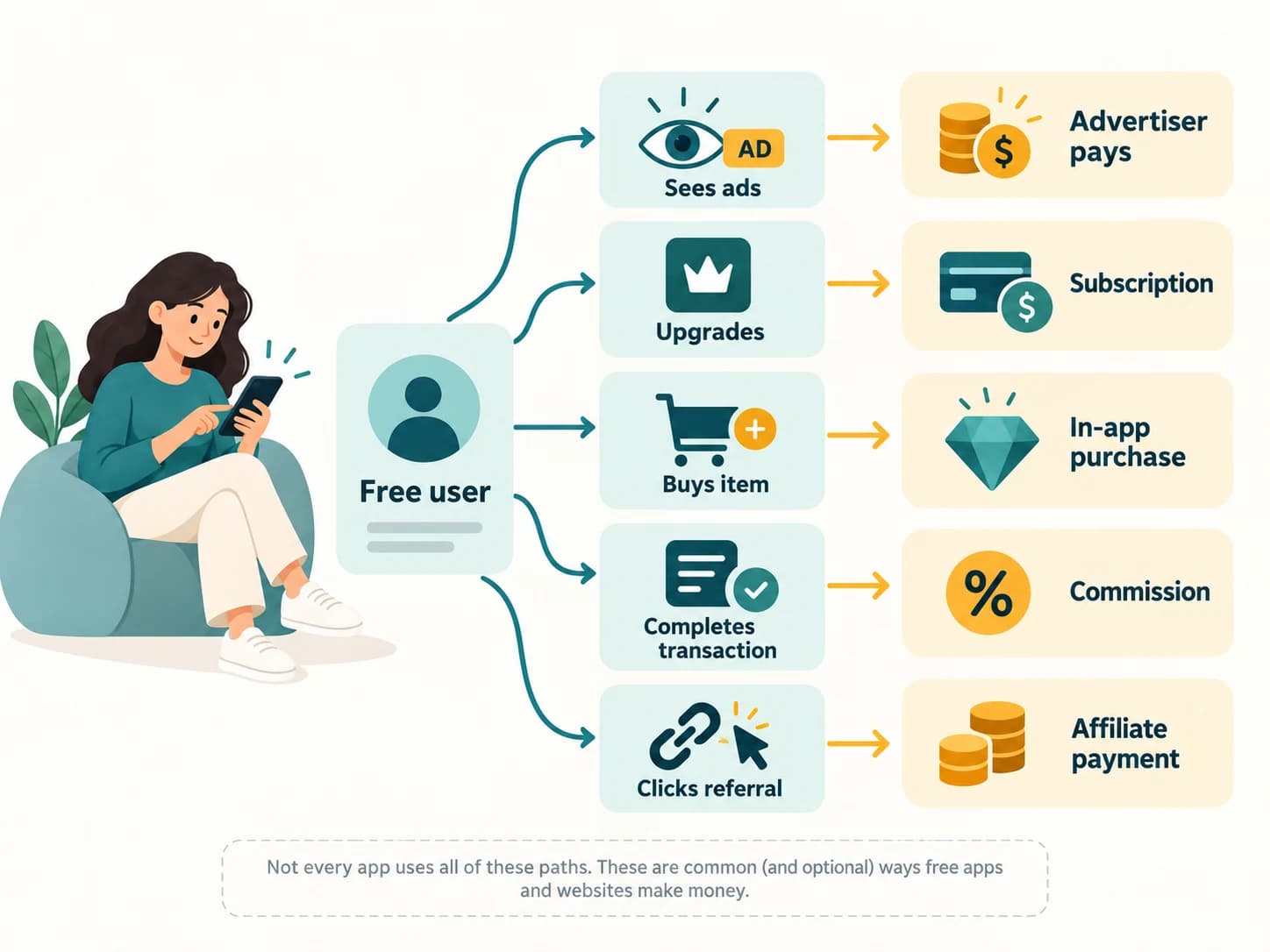 Diagram showing different ways a free app user can generate revenue through advertising, subscriptions, purchases, commissions and referrals