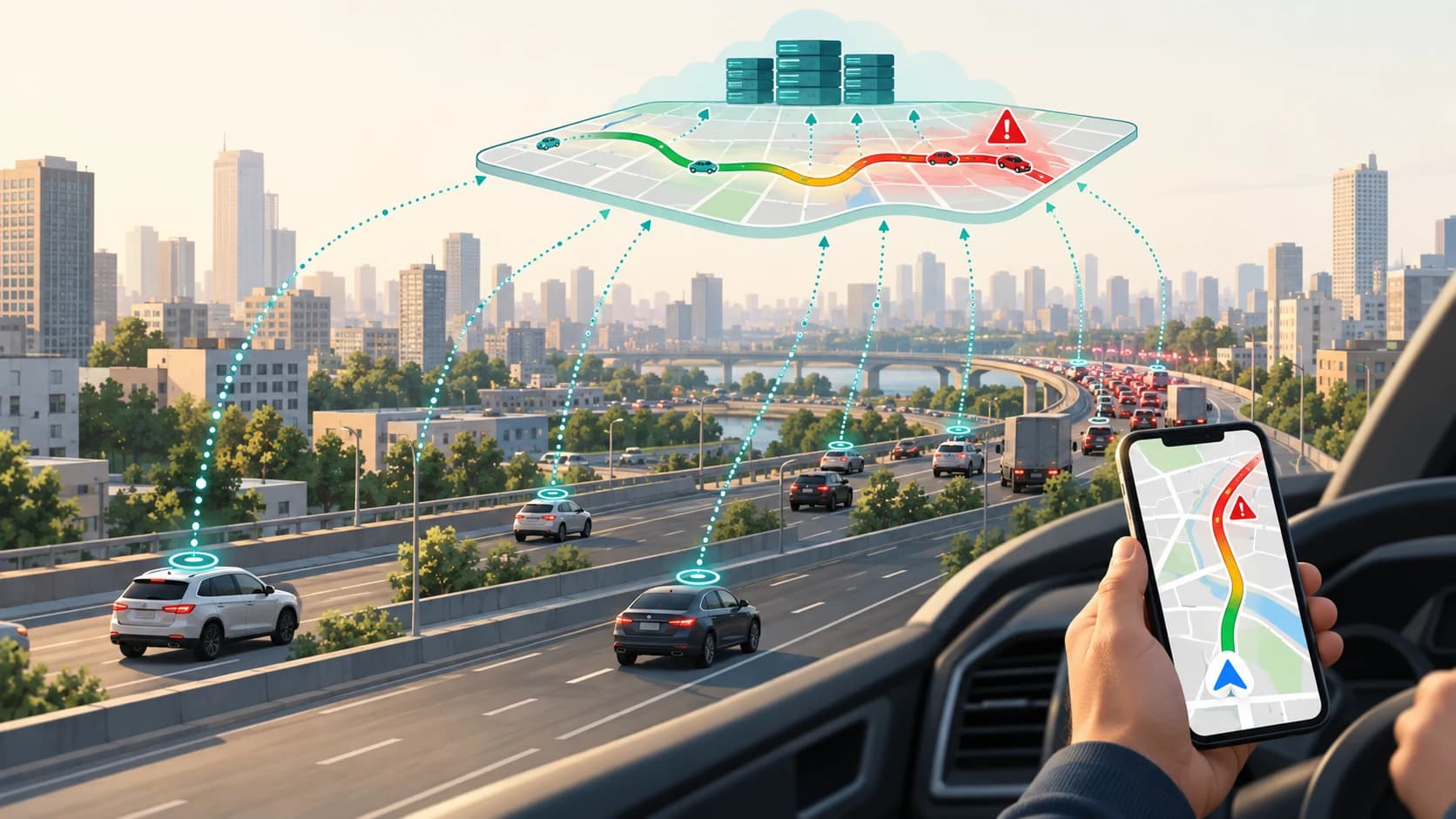 Navigation data from multiple vehicles being combined to detect traffic ahead on a digital road map
