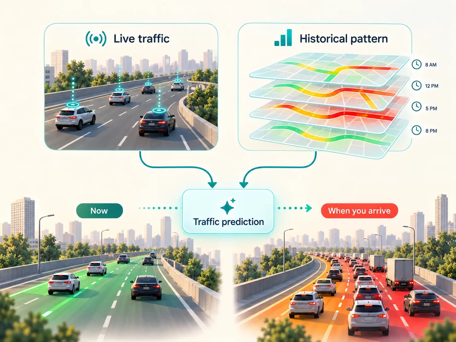 Diagram showing Google Maps combining live traffic with historical patterns to predict future congestion