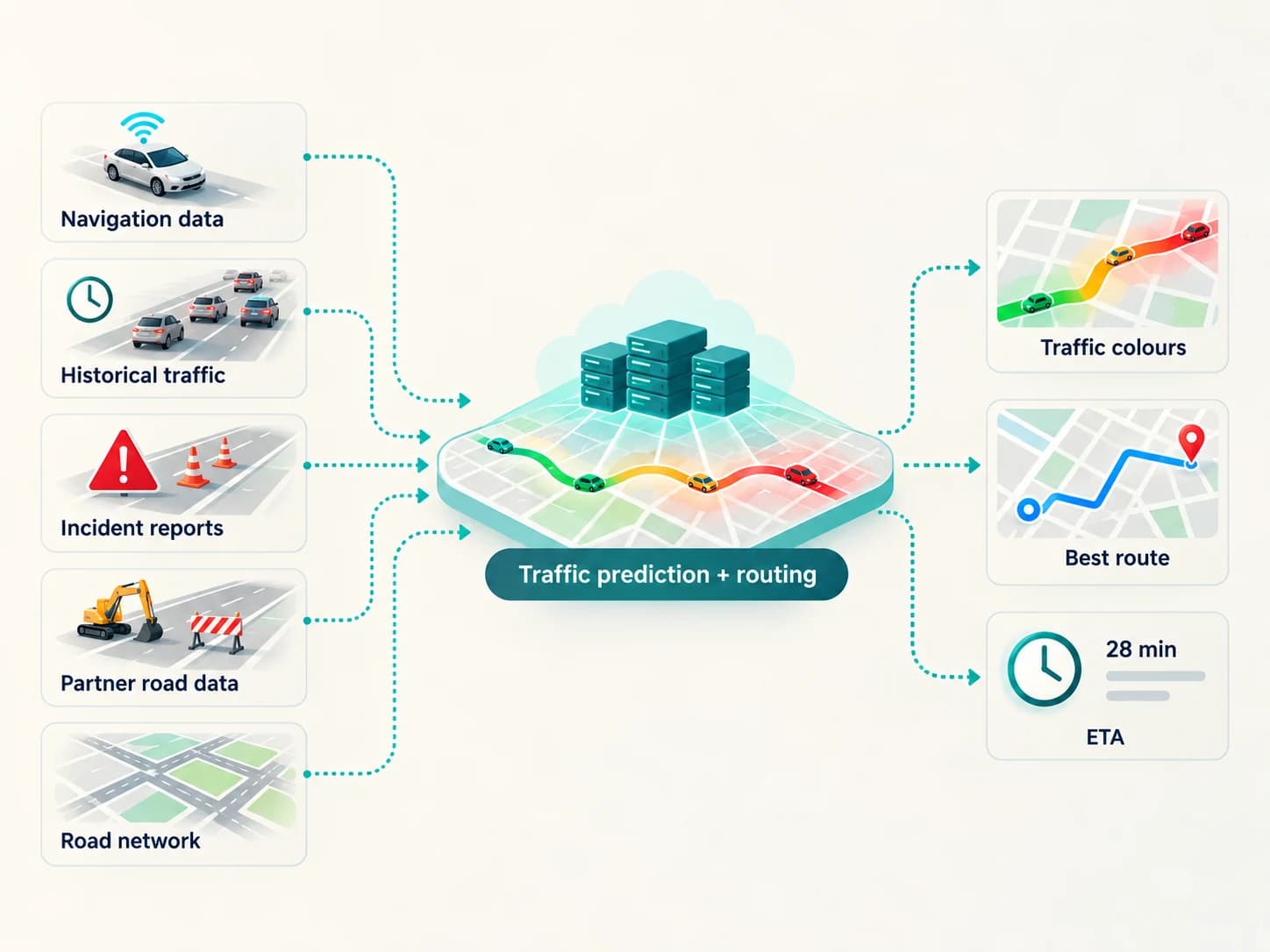 Google Maps traffic system combining navigation data, historical traffic, incidents and road information to calculate routes and ETA