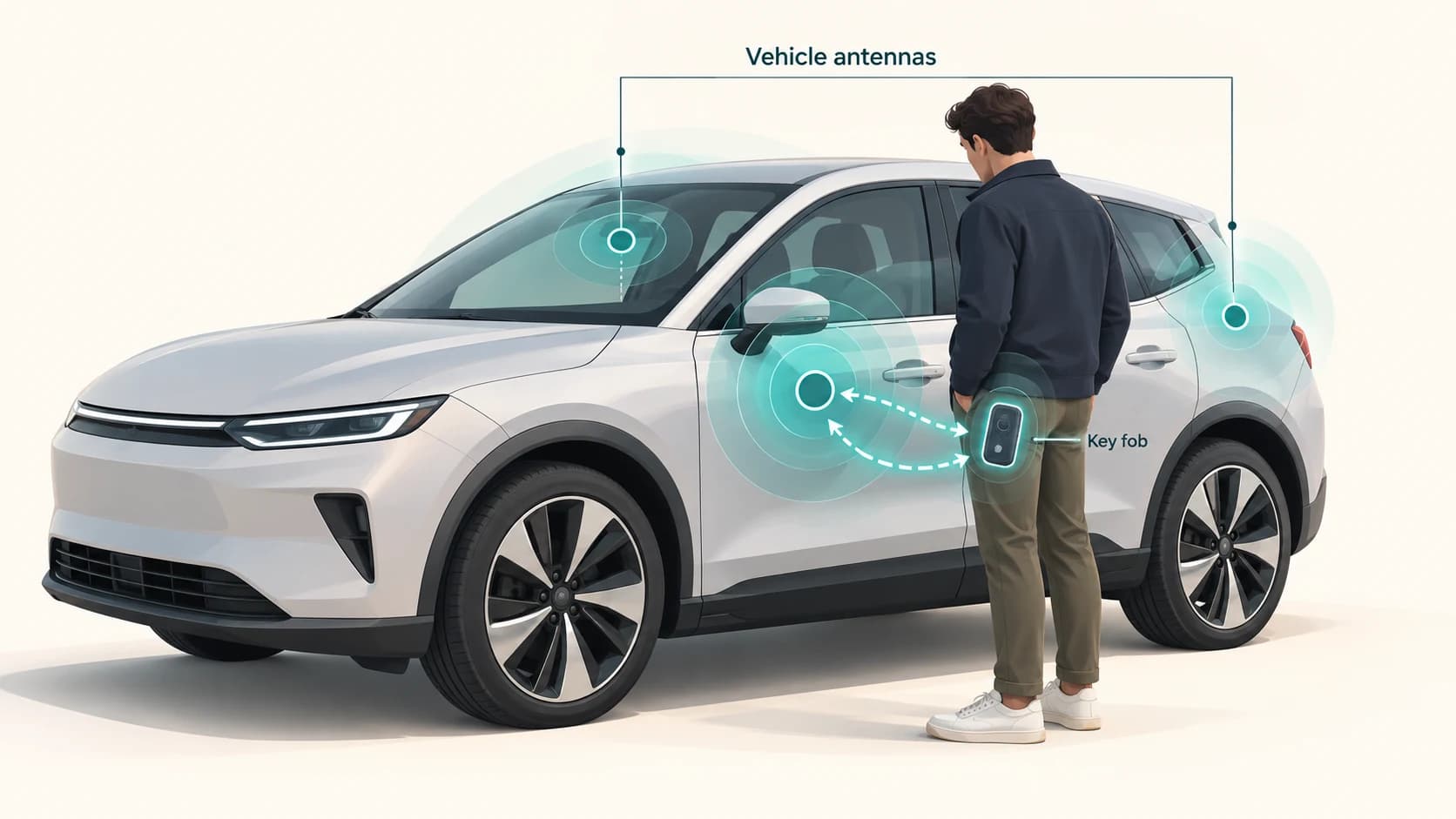 Key fob inside a driver's pocket communicating wirelessly with antennas around a car for passive keyless entry