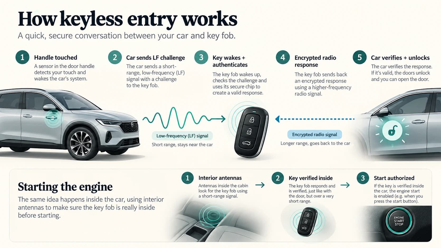 Passive keyless entry process showing the car waking a key fob, receiving an encrypted response and unlocking after authentication