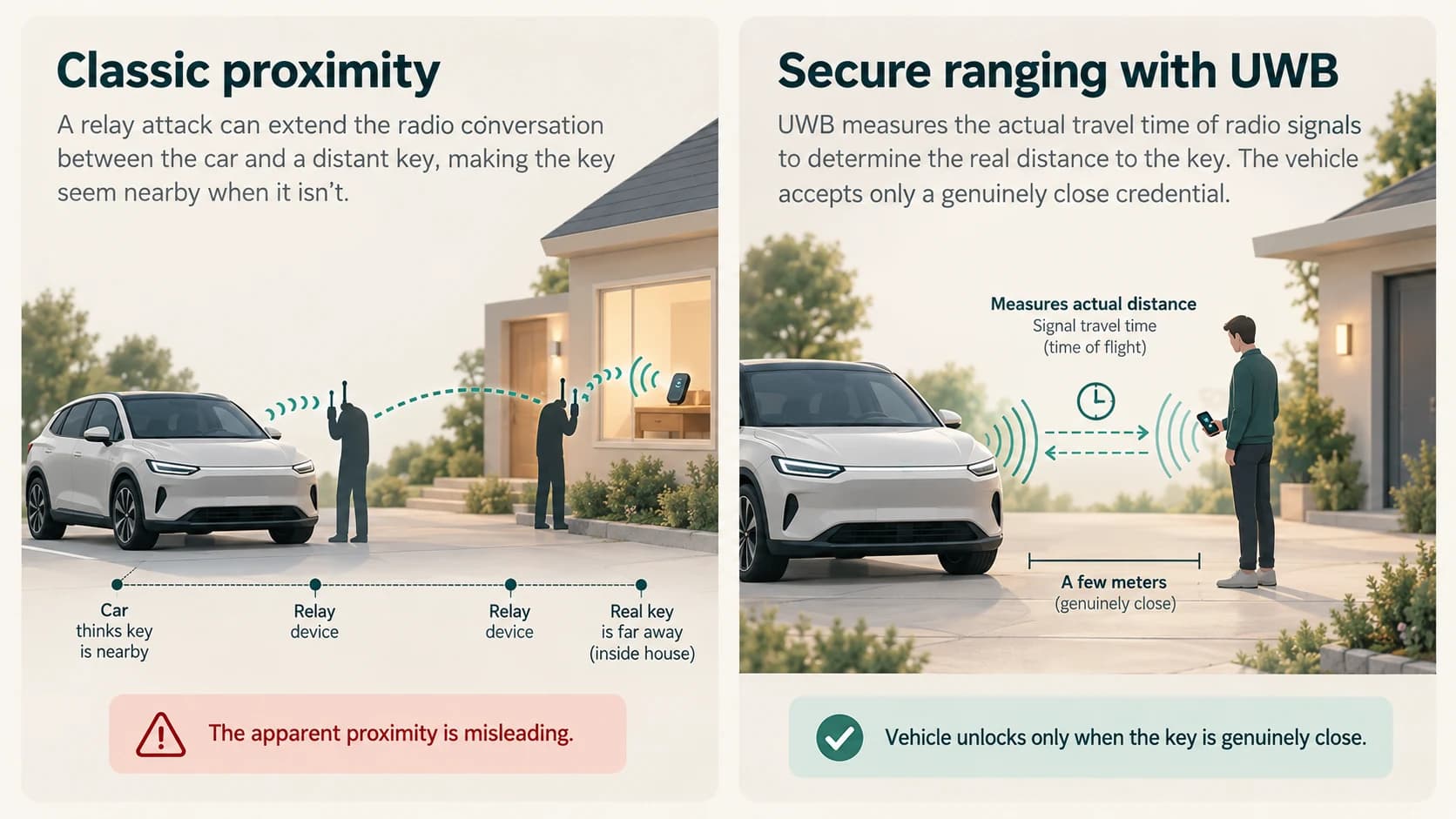 Comparison of a classic keyless-entry relay attack and UWB secure ranging that verifies the key's actual proximity