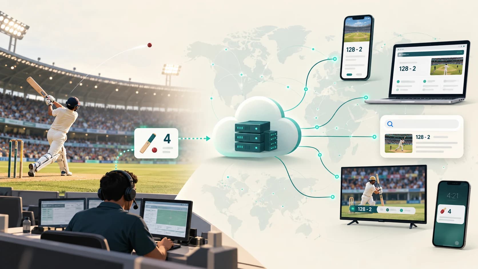 Cricket scoring event travelling from a stadium through a live data platform to apps, websites and devices around the world