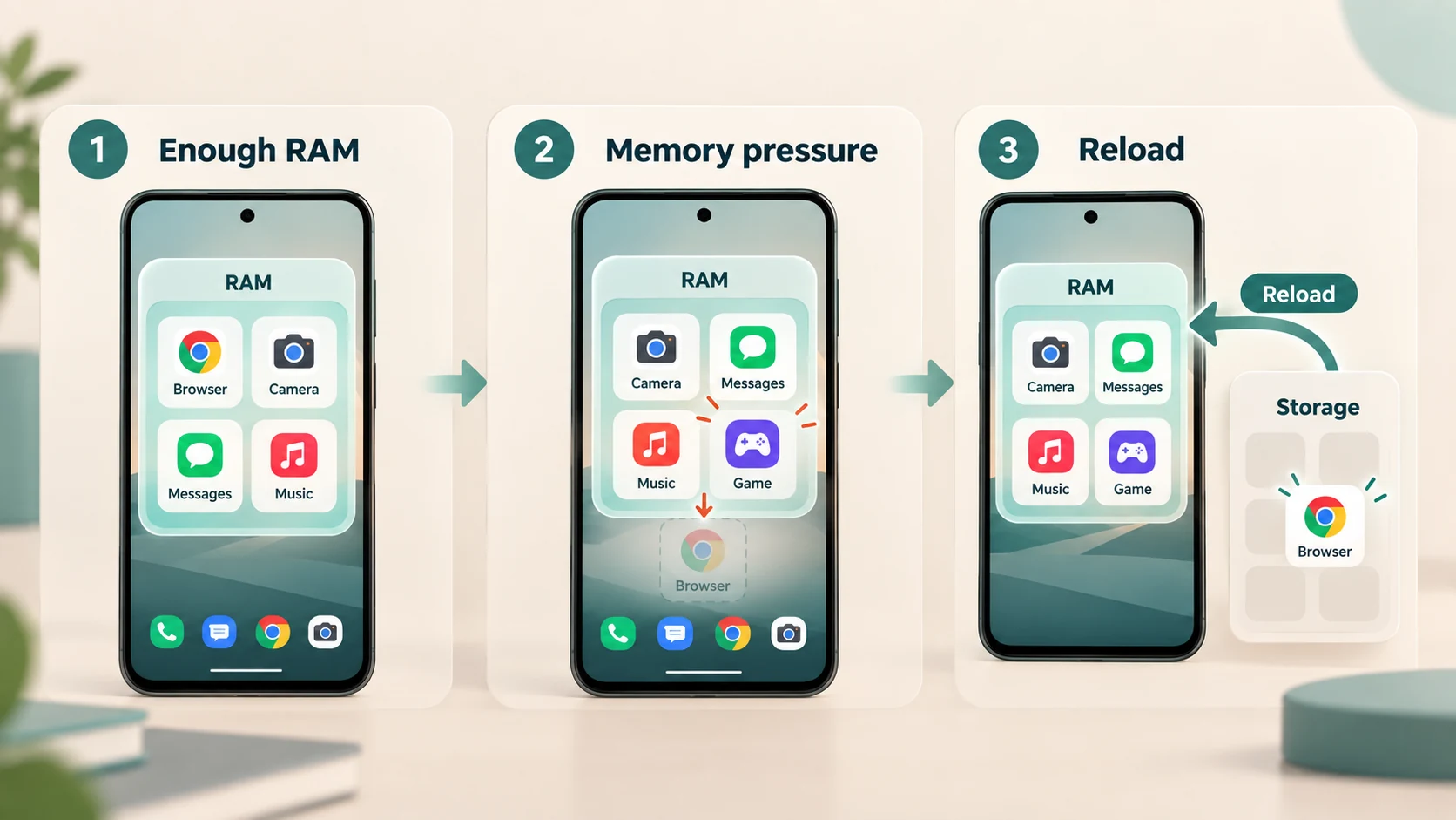 Phone running out of RAM and removing a background browser app before reloading it from storage later