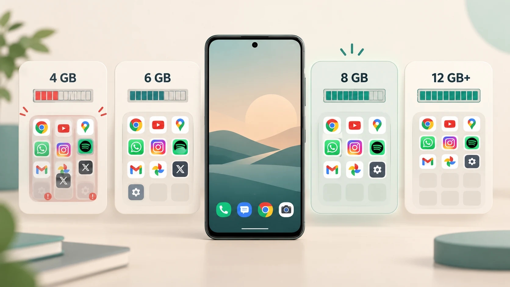 Smartphone RAM comparison showing increasingly more room for active apps from 4 GB through 8 GB and 12 GB or more
