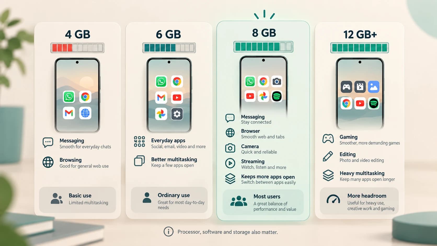 Practical smartphone RAM guide comparing 4 GB, 6 GB, 8 GB and 12 GB or more for different types of users