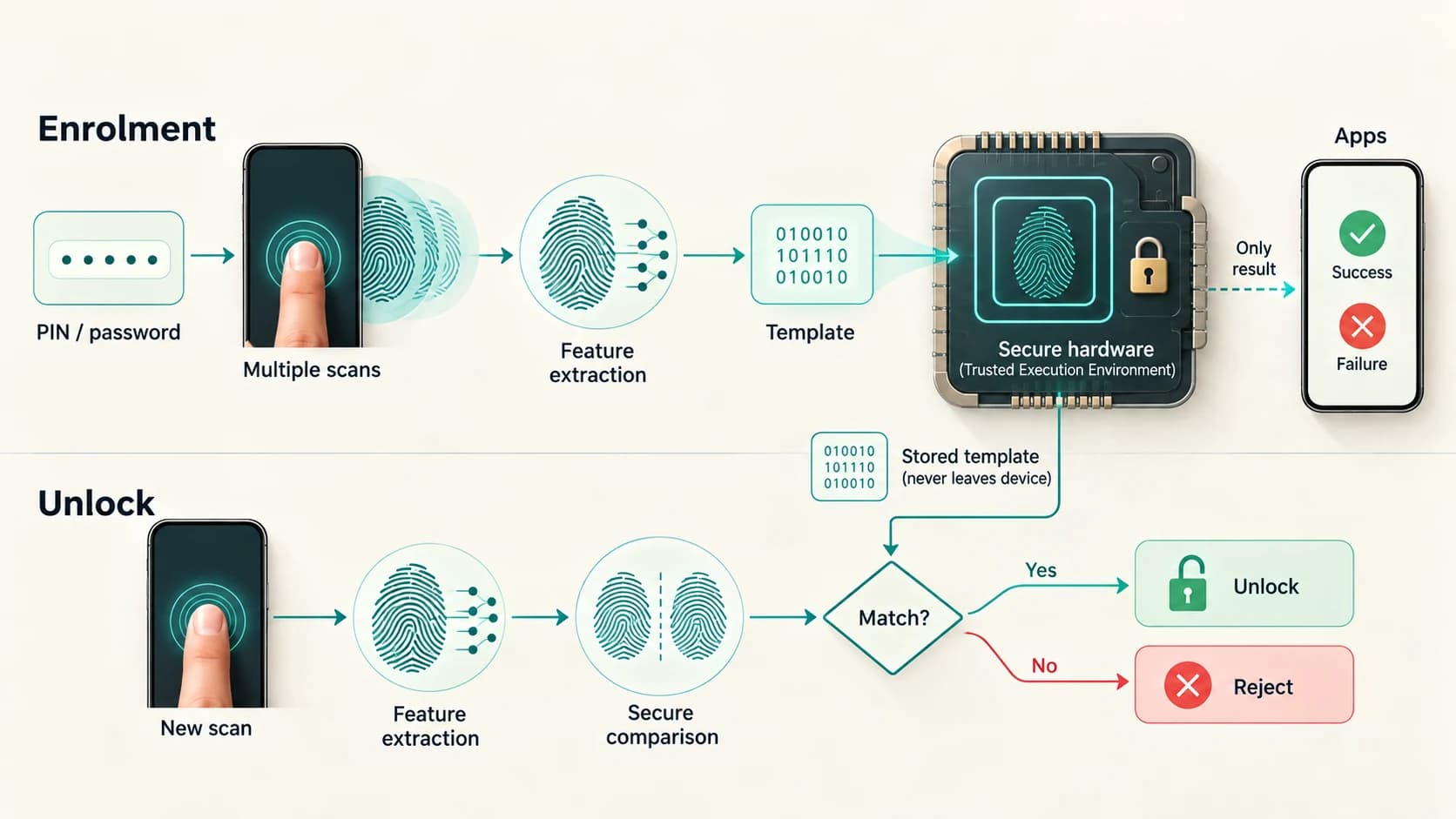 Fingerprint authentication diagram showing enrolment, protected template storage and later secure matching