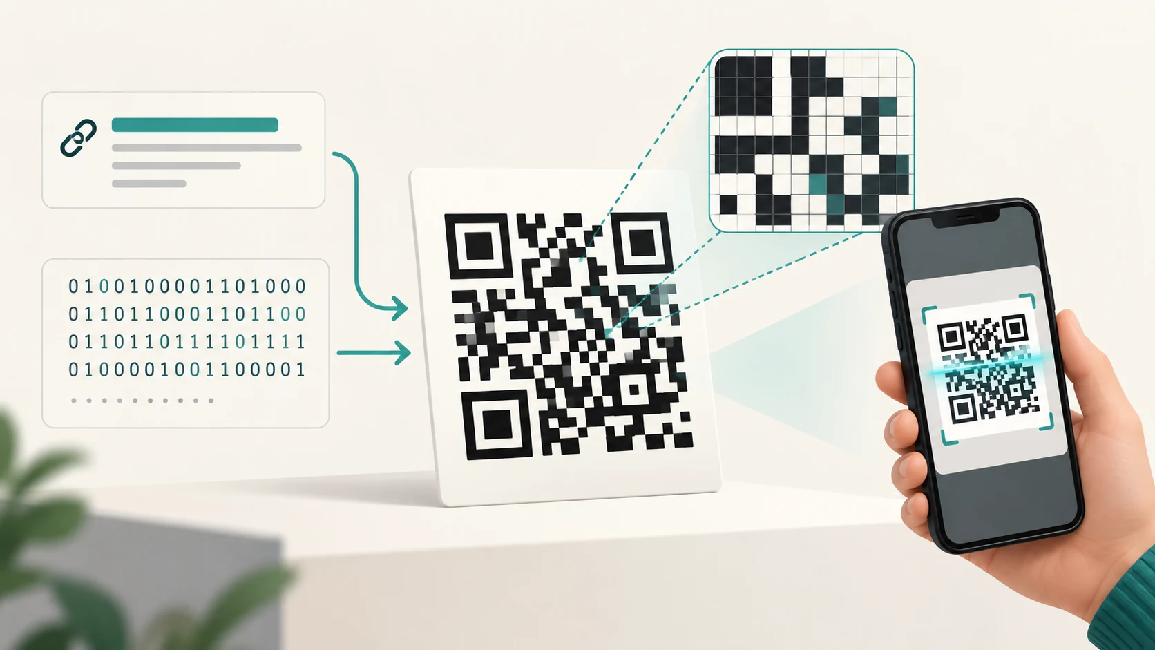Smartphone scanning a QR code while text and binary data are represented as black-and-white modules