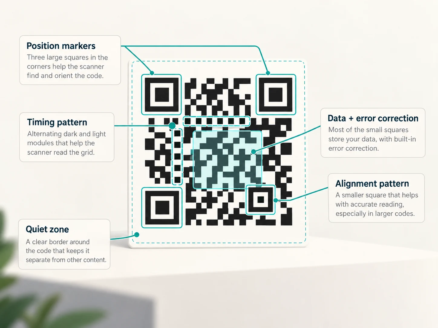 QR code anatomy diagram showing finder patterns, timing pattern, alignment pattern, data area and quiet zone