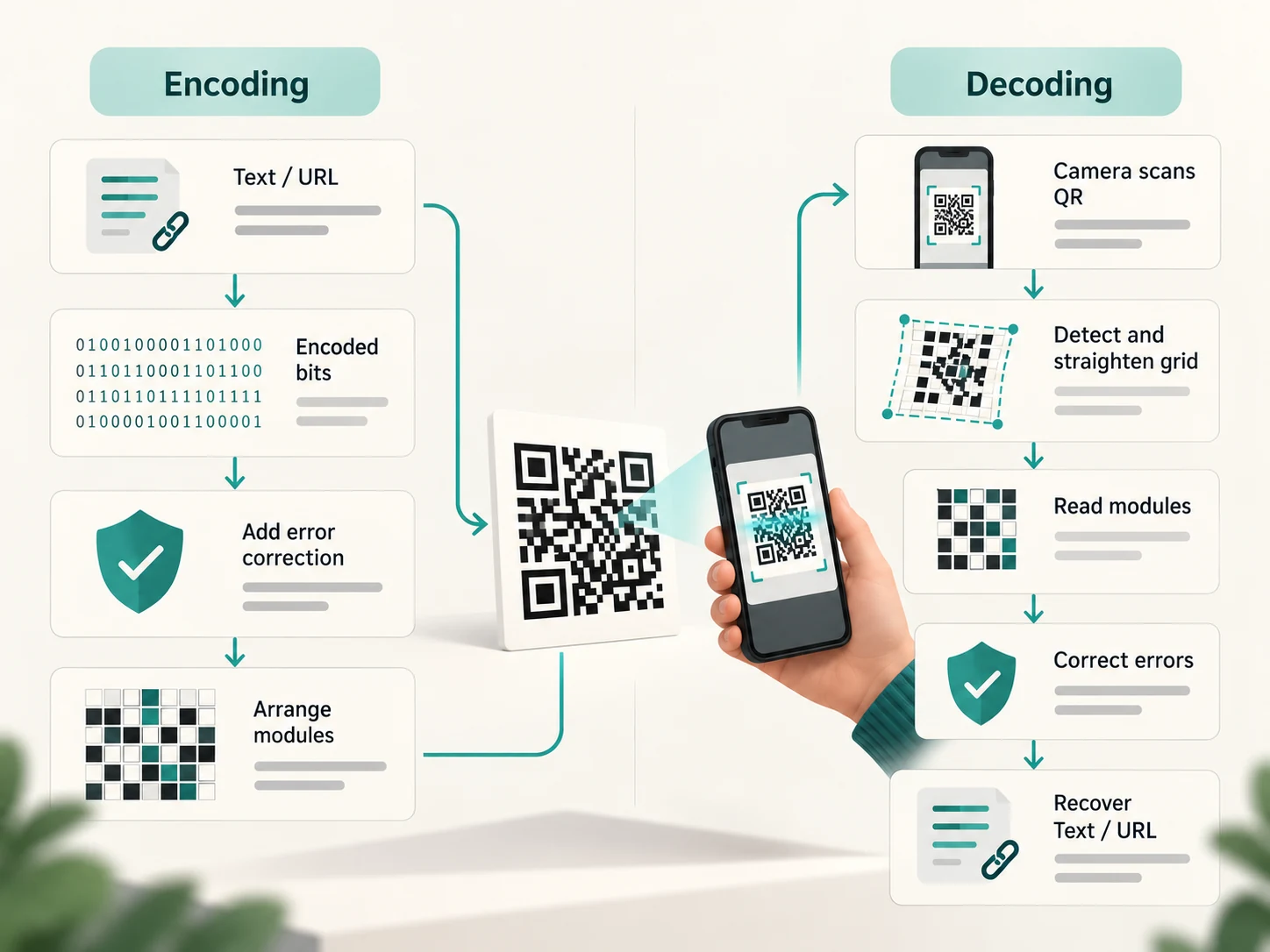 QR code encoding and decoding process from text to binary modules and back through a phone camera