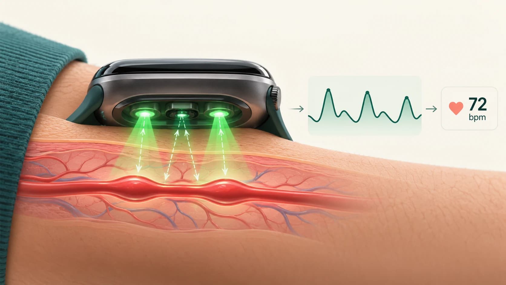 Smartwatch shining green light into the wrist and detecting reflected light changes caused by pulsing blood