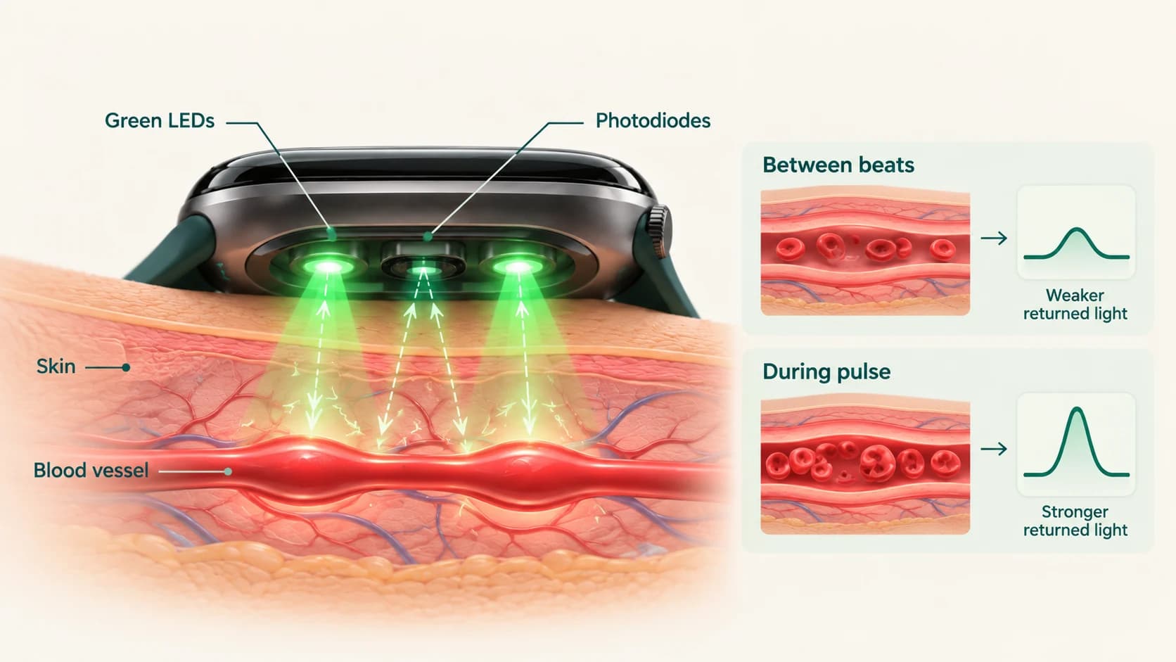 PPG sensor diagram showing smartwatch LEDs, photodiodes and changing blood volume beneath the skin