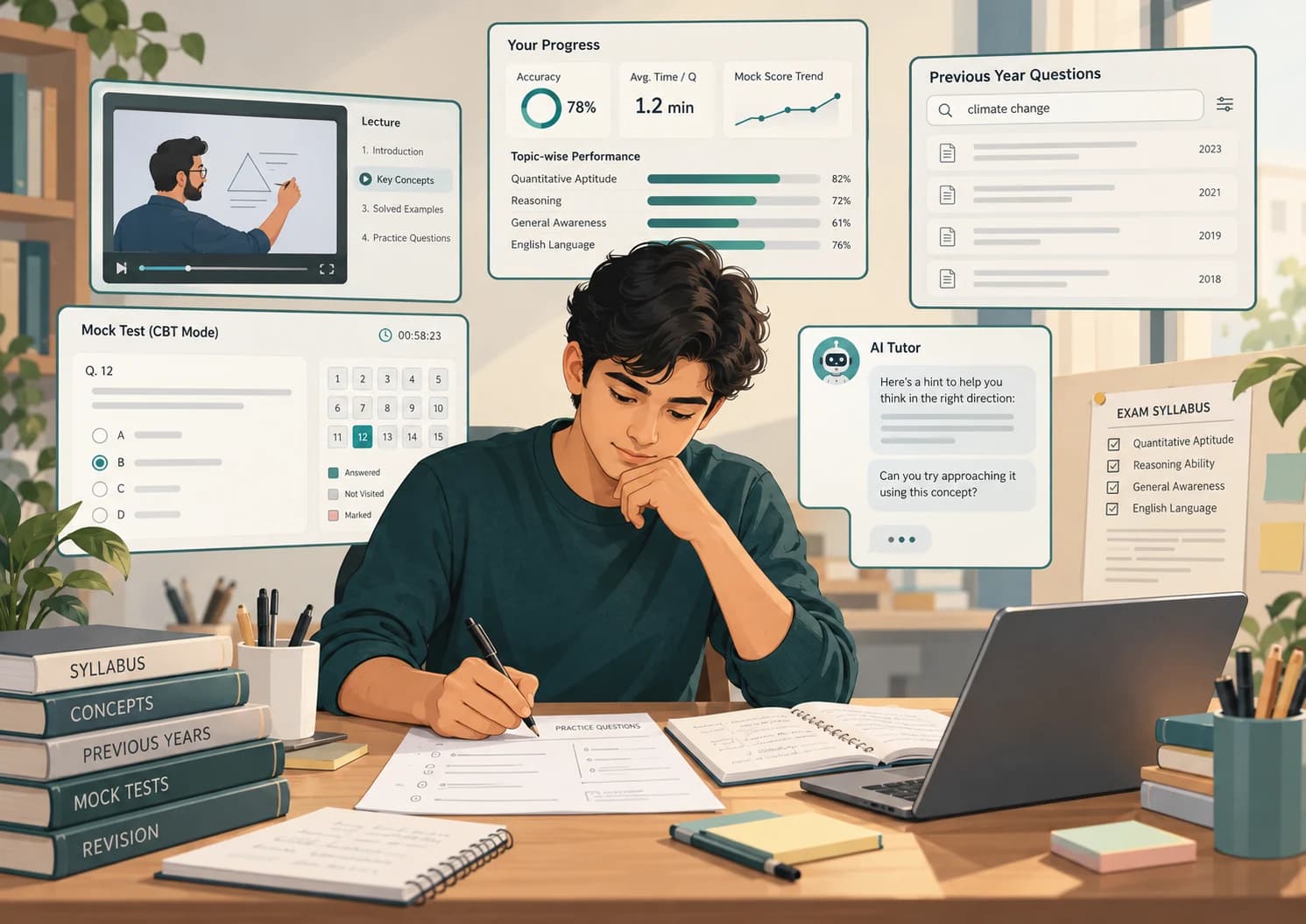 Illustration of a competitive-exam aspirant using recorded classes, mock tests, analytics and an AI tutor alongside independent study.