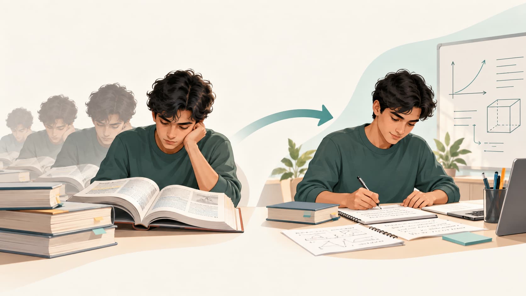 Student moving from repeated reading to recalling concepts and solving difficult problems independently