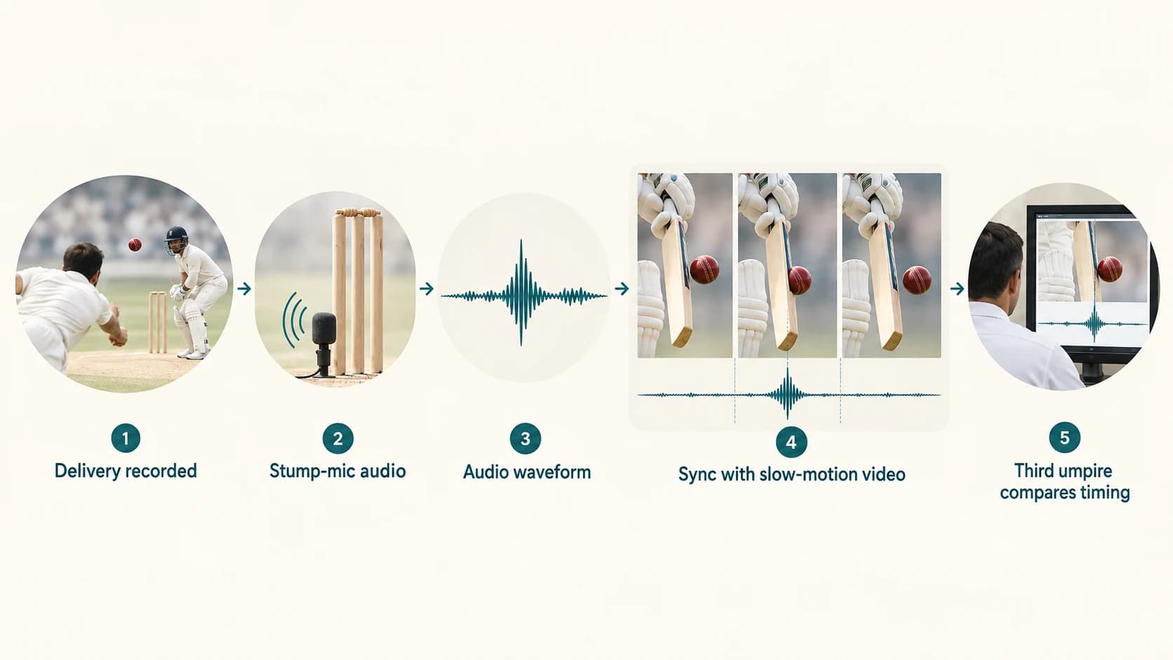 UltraEdge process showing cricket audio converted to a waveform and synchronized with slow-motion frames as the ball passes the bat