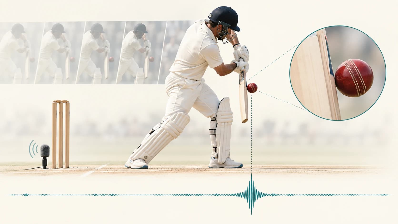 Cricket ball passing the bat while a synchronized audio waveform shows a spike used for UltraEdge edge detection