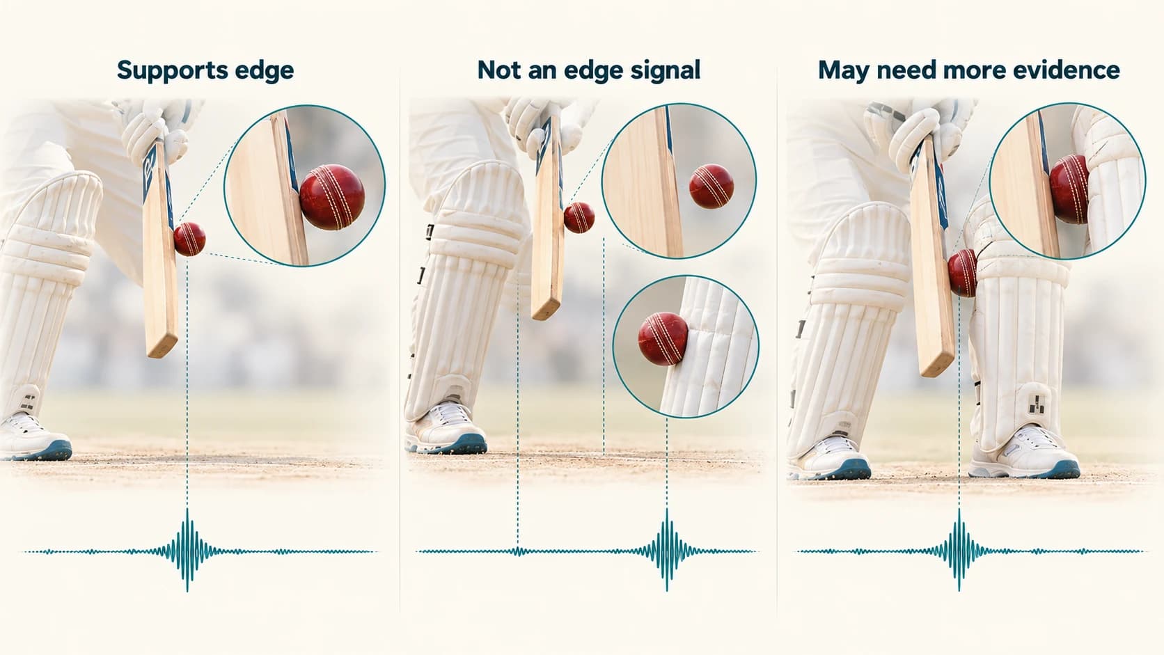Three UltraEdge examples comparing a synchronized edge spike, a later bat-pad spike and an ambiguous near-simultaneous contact