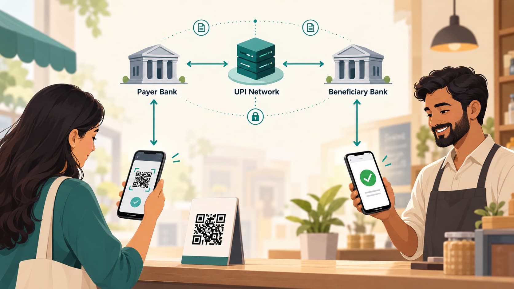 UPI QR payment connecting a customer's bank through the UPI network to a merchant's bank