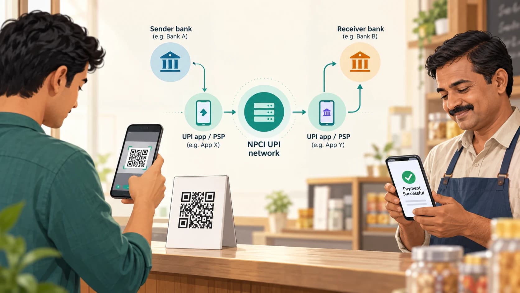 Customer scanning a UPI QR while the hidden payment network connects a UPI app, NPCI and two different banks