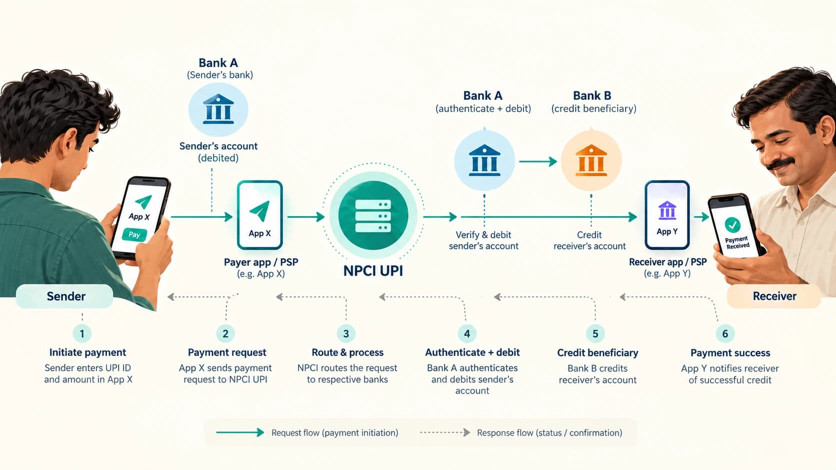 UPI transaction flow from a sender using one app and bank through NPCI to a receiver using a different app and bank