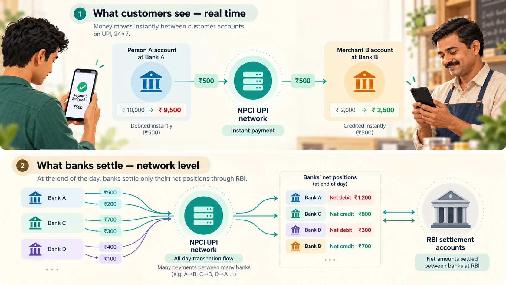 UPI diagram separating an instant customer debit and credit from later net settlement between banks through NPCI and RBI settlement accounts