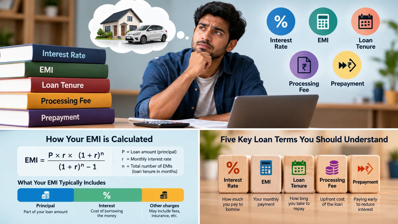 Editorial illustration showing the five important loan terms: principal, APR, EMI, tenure and fixed versus floating interest rate.