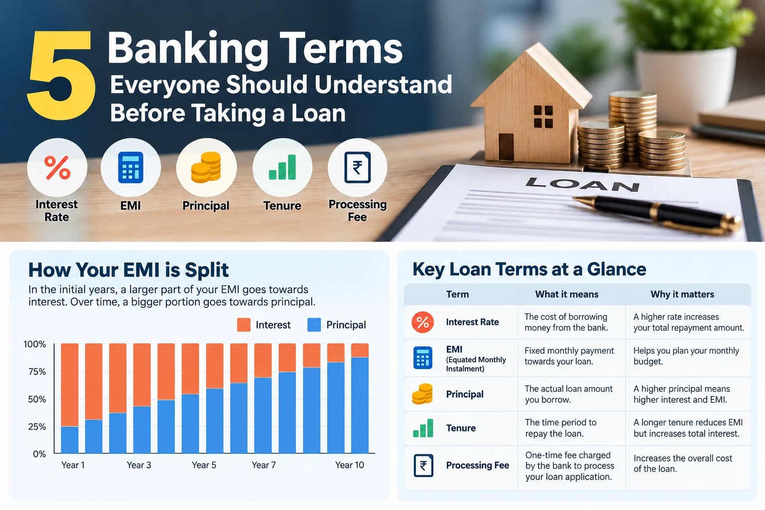 Diagram showing how the interest portion of an EMI generally falls while the principal portion rises over the life of a reducing-balance loan.