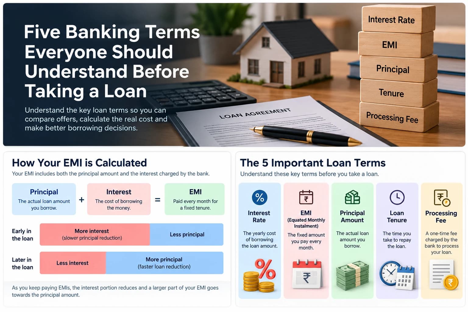 Comparison showing that extending a ₹10 lakh illustrative loan from five to ten years lowers the EMI but increases total interest.