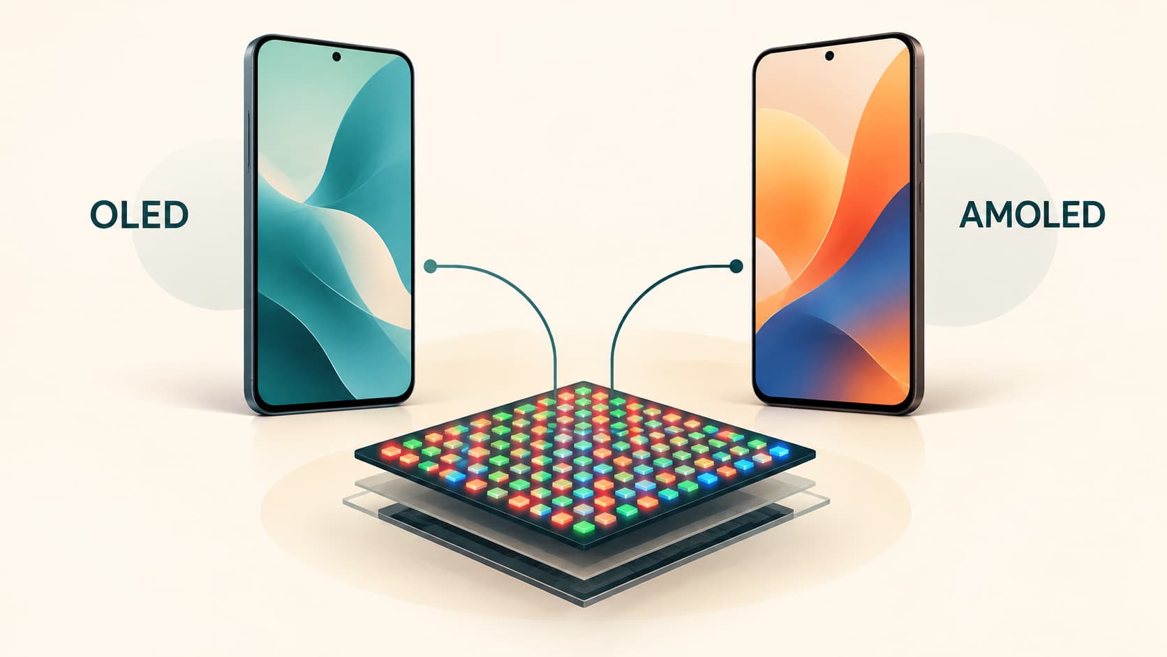 Two smartphone displays showing OLED and AMOLED as related self-emissive display technologies
