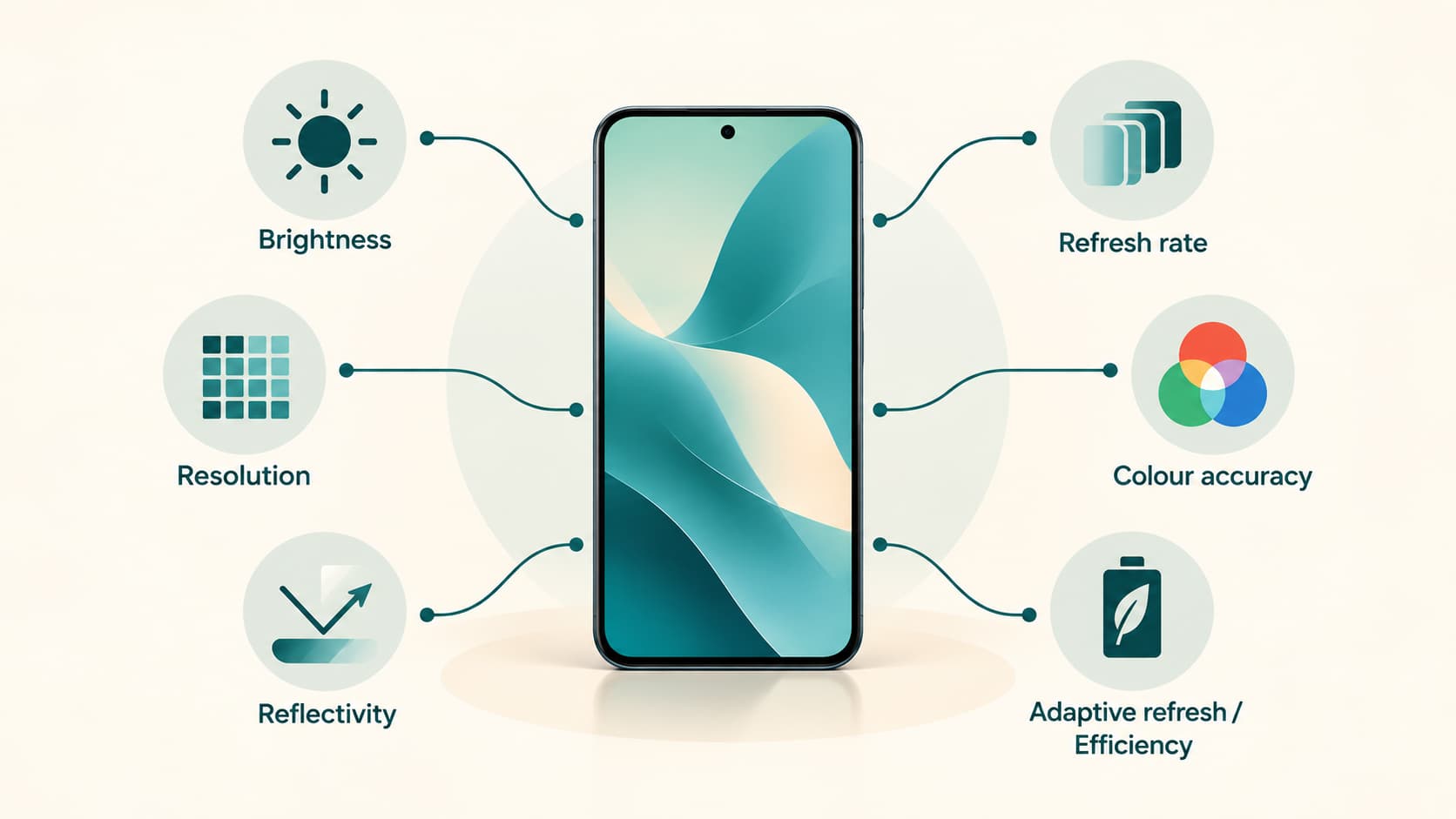 Smartphone display surrounded by brightness, refresh rate, resolution, colour accuracy, reflectivity and efficiency indicators