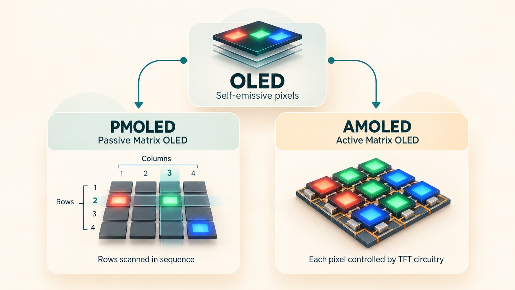 Diagram showing OLED divided into passive-matrix PMOLED and active-matrix AMOLED