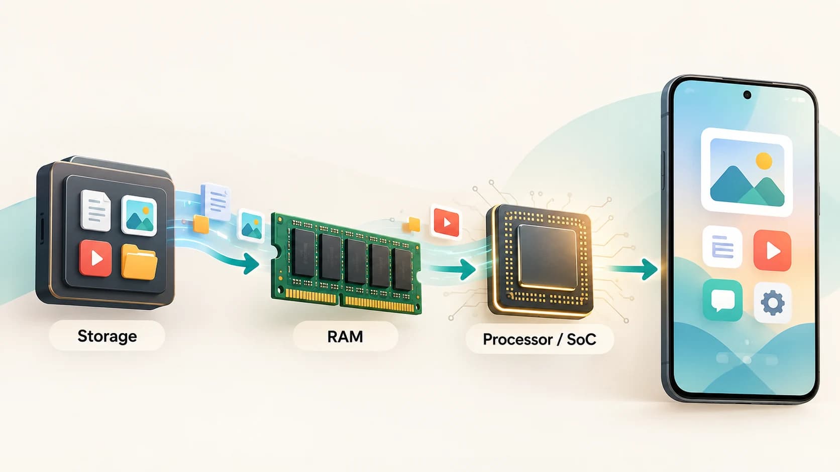 Smartphone showing processor, RAM and storage working together to load and run an app
