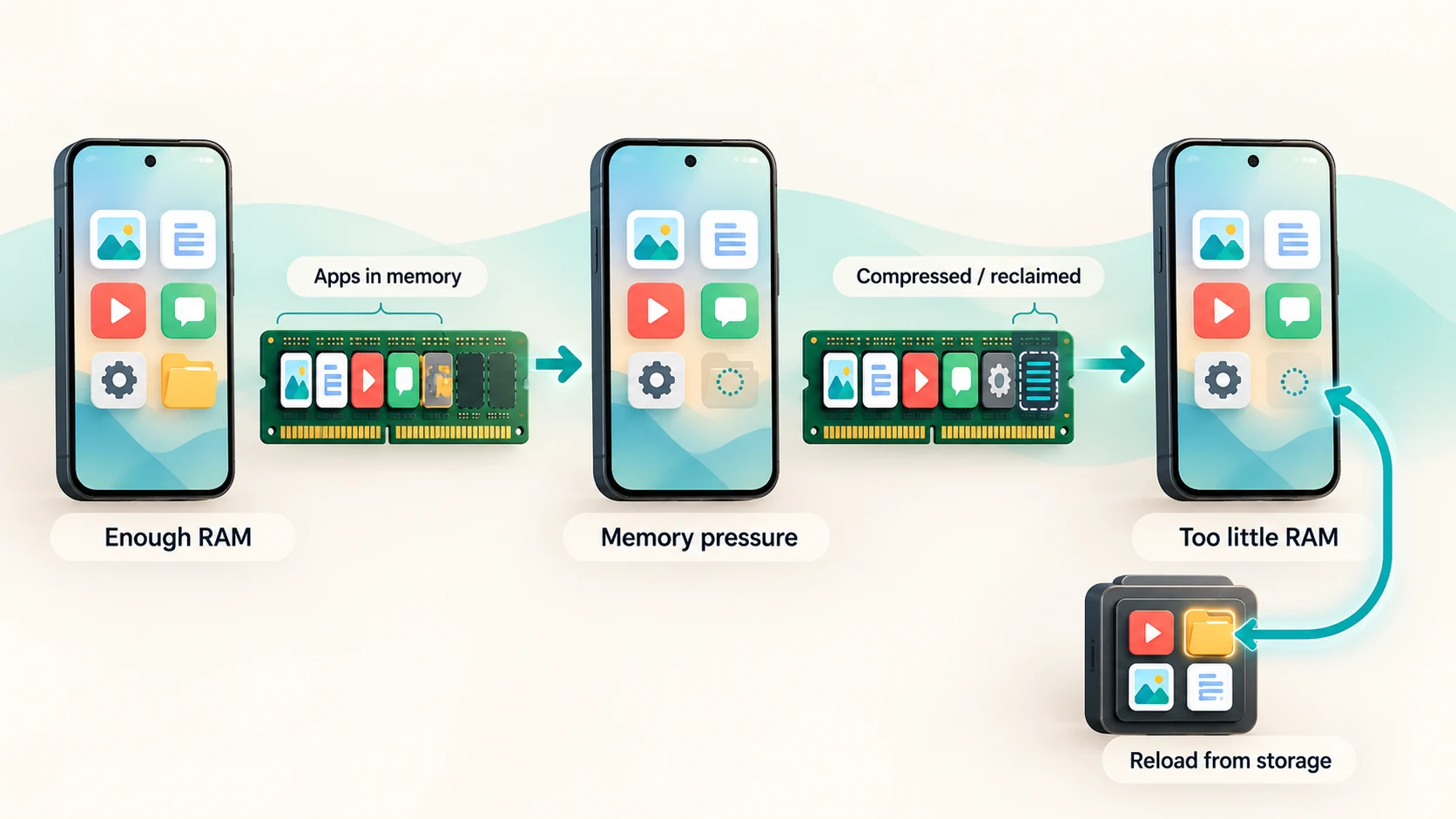Android phone moving from sufficient RAM to memory pressure and background app reloading