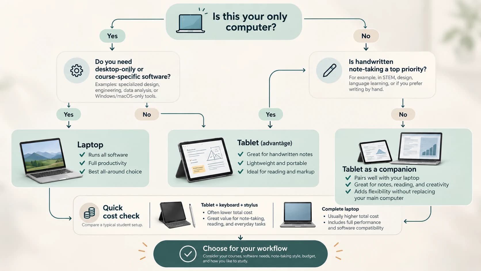 Decision tree helping students choose between a tablet and laptop based on software, note-taking and whether it is their only computer