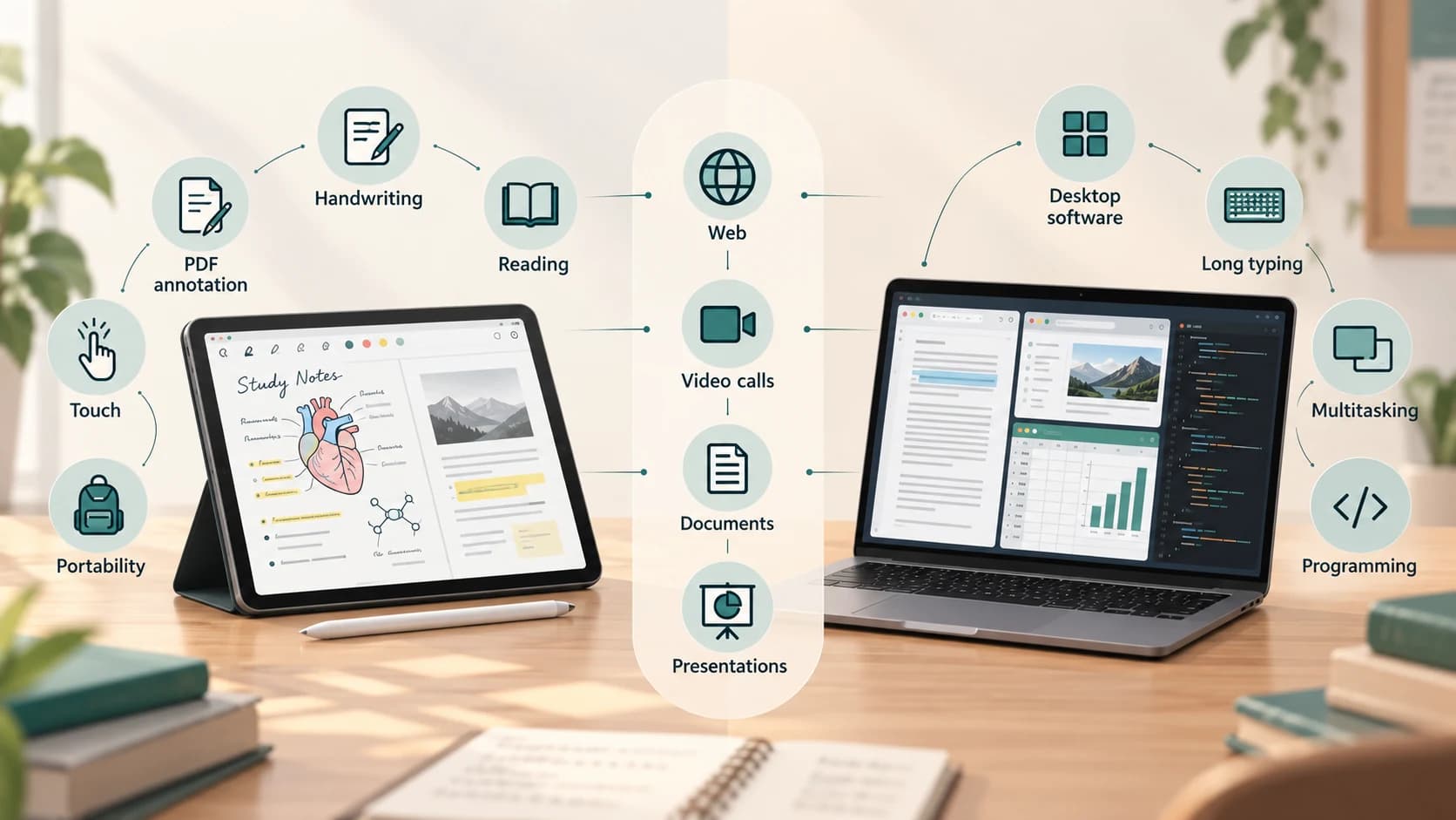 Comparison of tablet and laptop strengths for students, including note-taking, software, typing and multitasking
