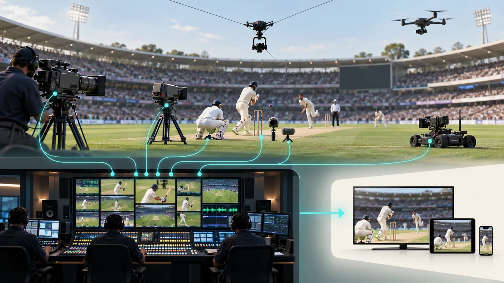 Modern cricket stadium with multiple cameras, stump microphones, Spidercam and broadcast signals feeding a production control room and viewer screens