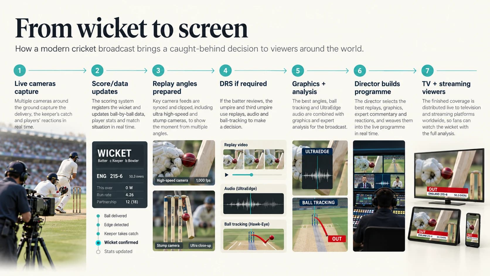 Cricket wicket moving through live cameras, scoring, replay, DRS, graphics, production control and television and streaming distribution