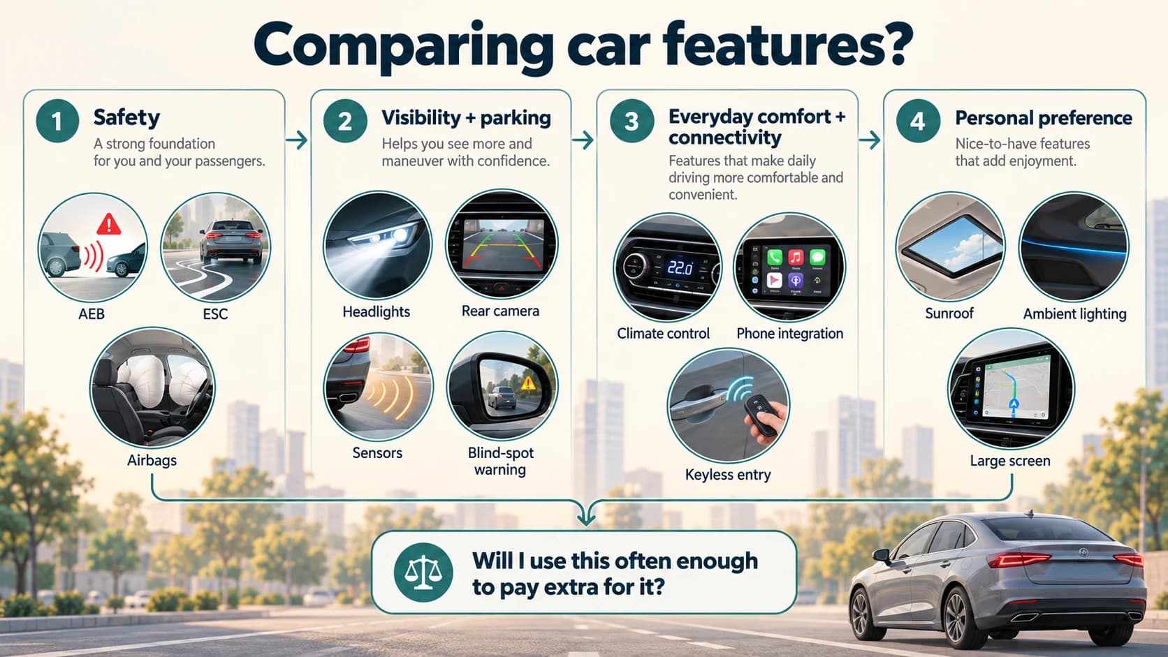 Car buying feature priority guide starting with safety and ending with optional preference features