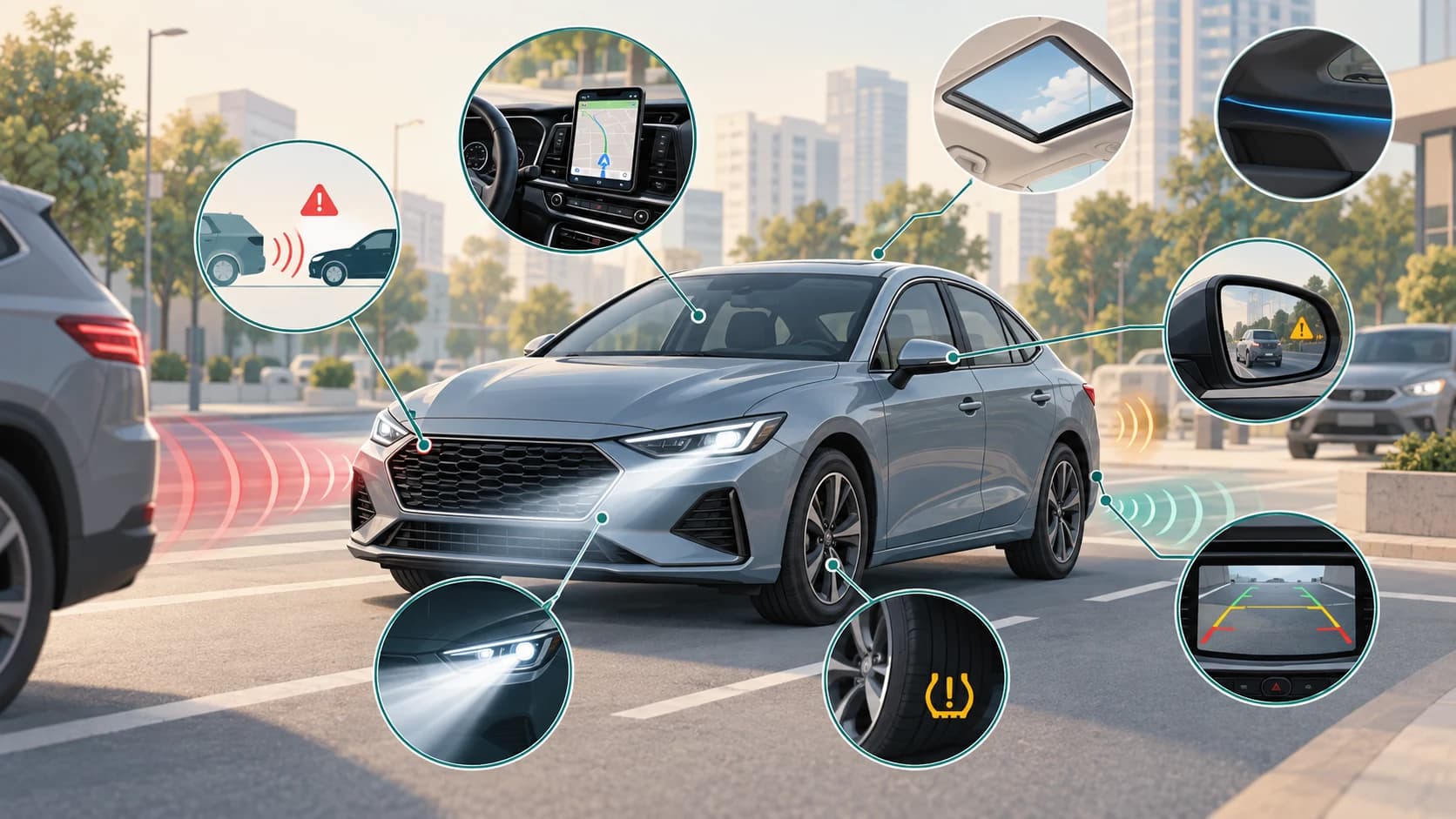Modern car surrounded by useful everyday features including emergency braking, blind-spot monitoring, parking camera, headlights and TPMS