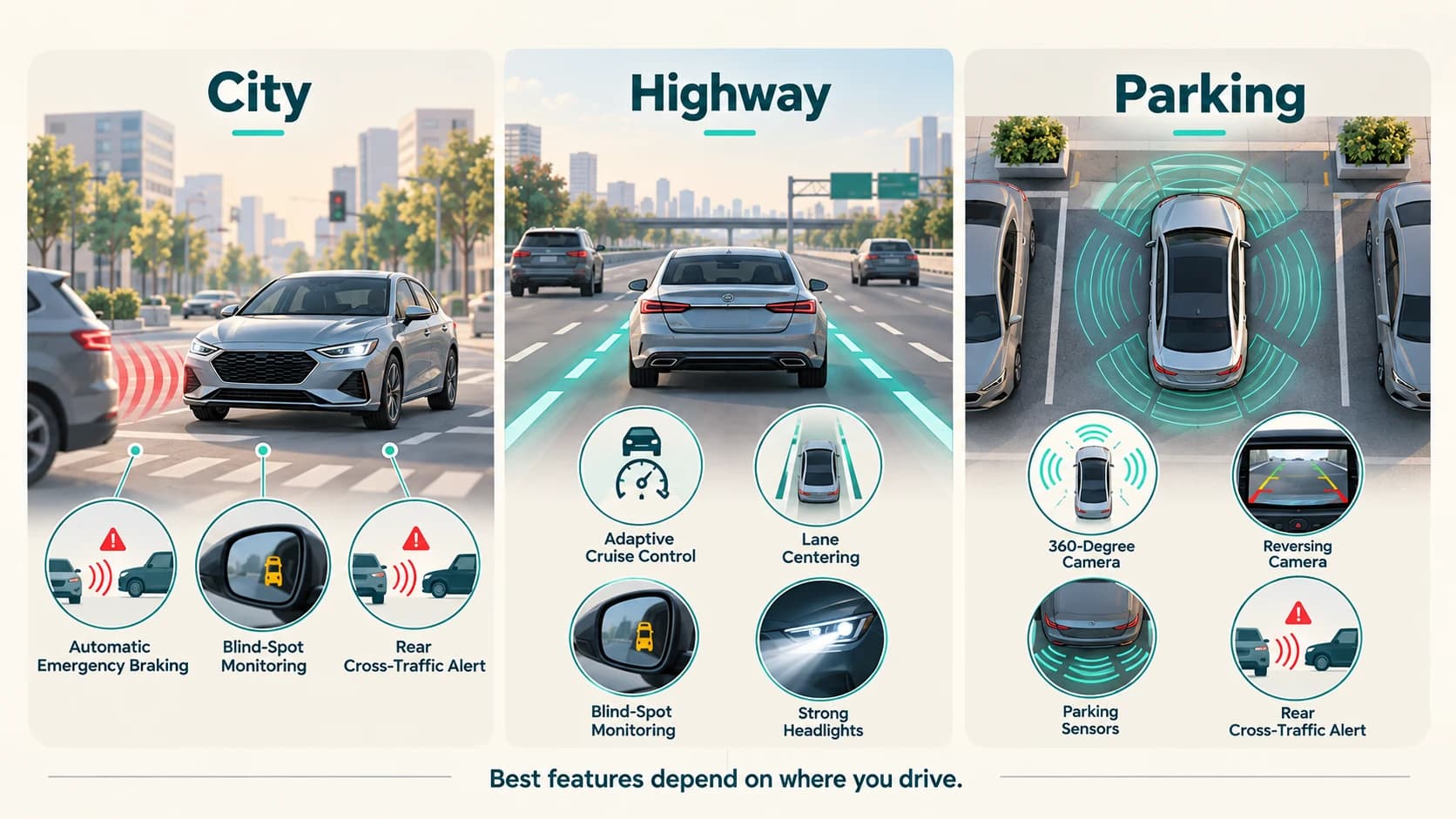Comparison of useful car features for city driving, highway driving and parking