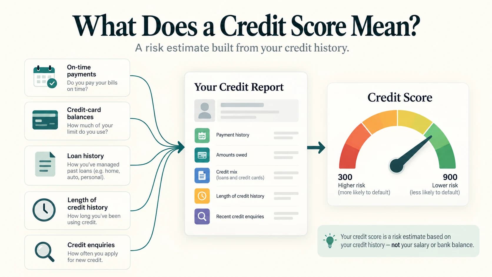 Illustration showing a credit score as a risk estimate derived from repayment history, balances and other credit-report information.