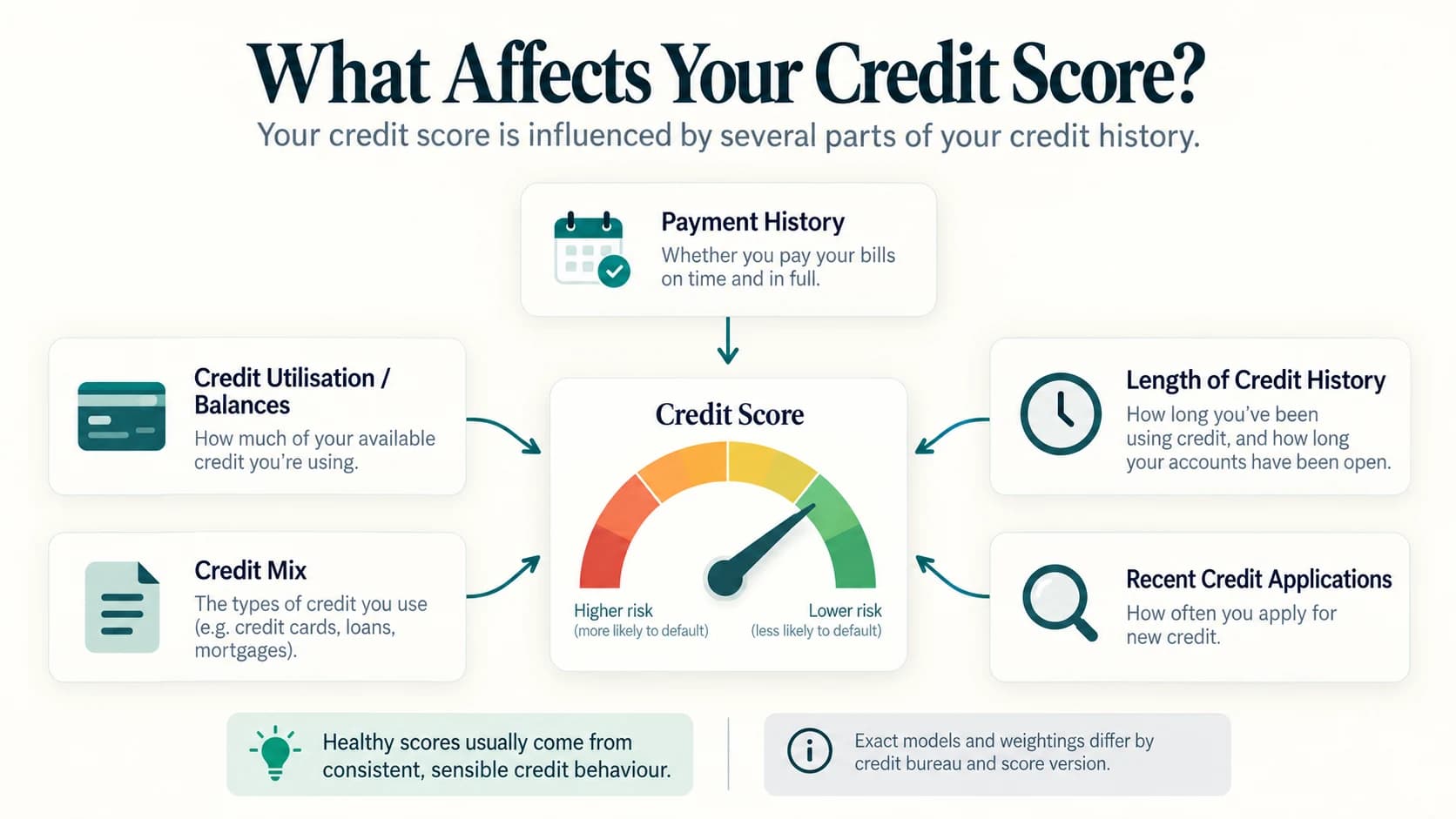 Diagram showing how credit-report data produces a credit score, which a lender combines with income and other information to make a lending decision.