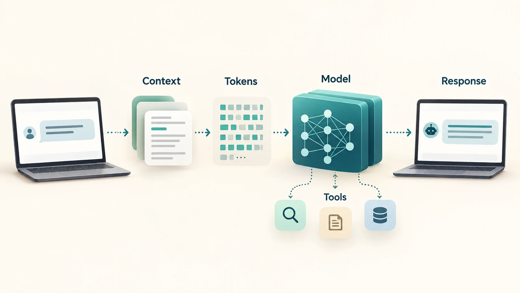 AI chatbot pipeline showing a user prompt moving through context, token processing, an AI model and tools before producing a response