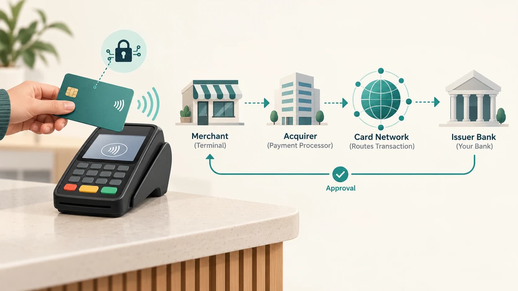 Contactless card tapping a merchant terminal while the payment travels through an acquirer, card network and issuing bank