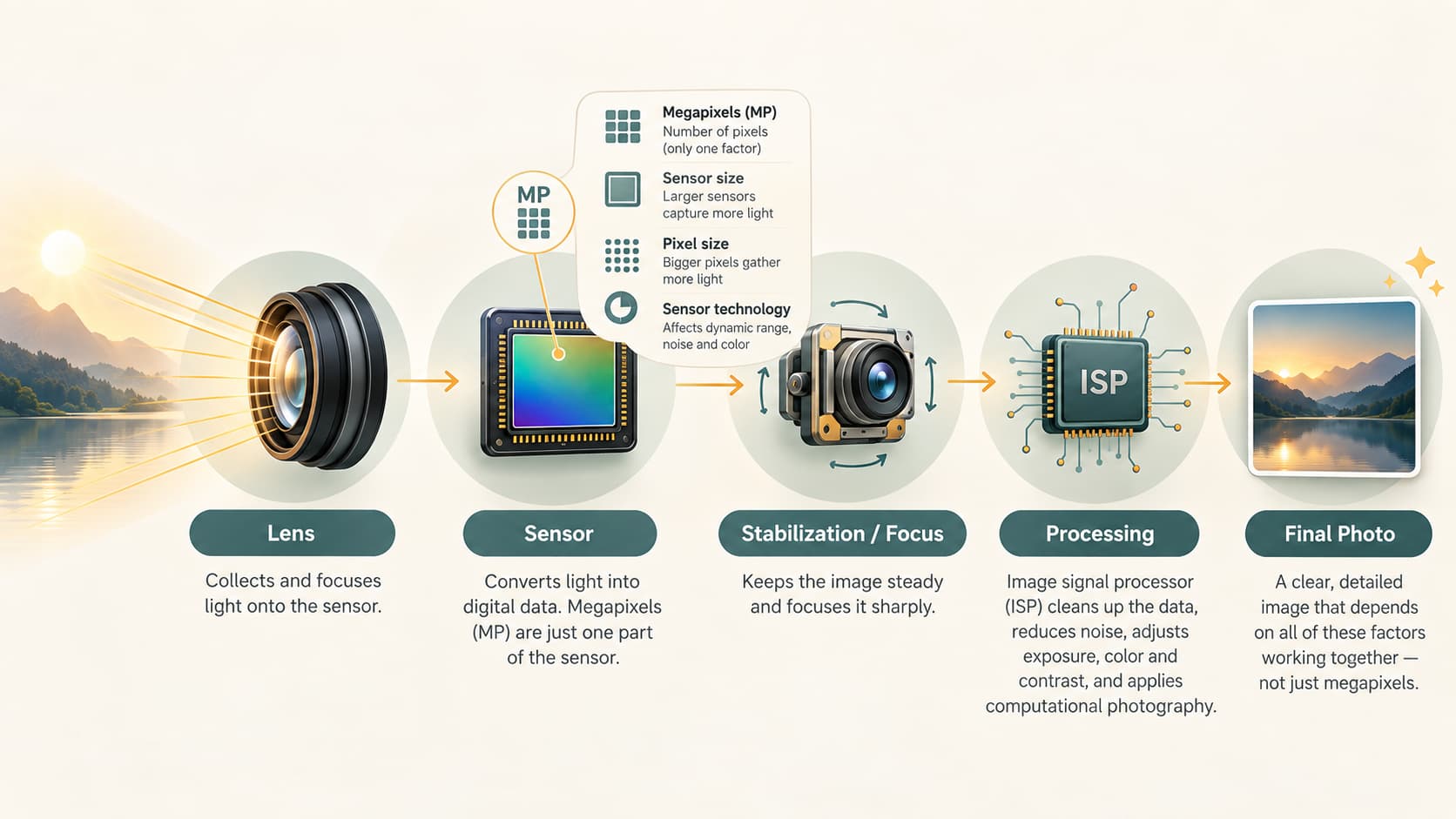 Smartphone camera pipeline showing lens, sensor, stabilization and computational image processing