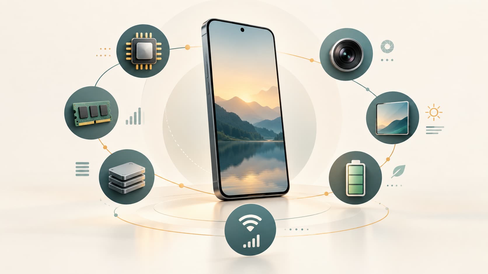 Smartphone surrounded by processor, camera, battery, display, memory and connectivity specifications