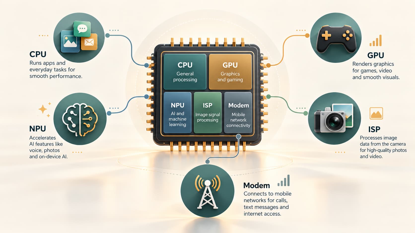 Smartphone system-on-chip diagram showing CPU, GPU, NPU, image processor and modem